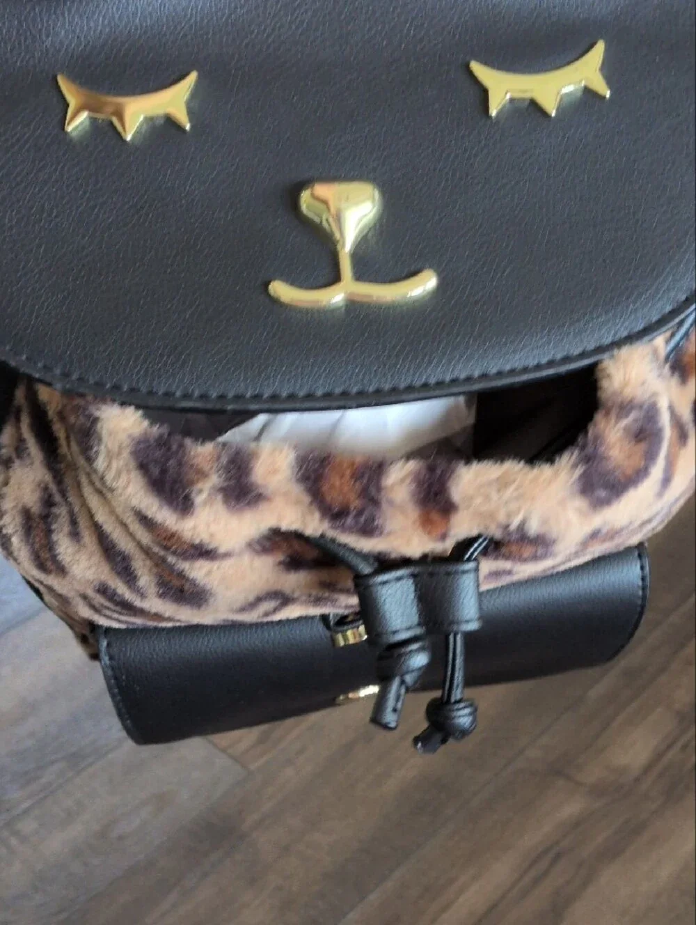 Betsey Johnson Black Faux Leather & Leopard Print Cat Backpack